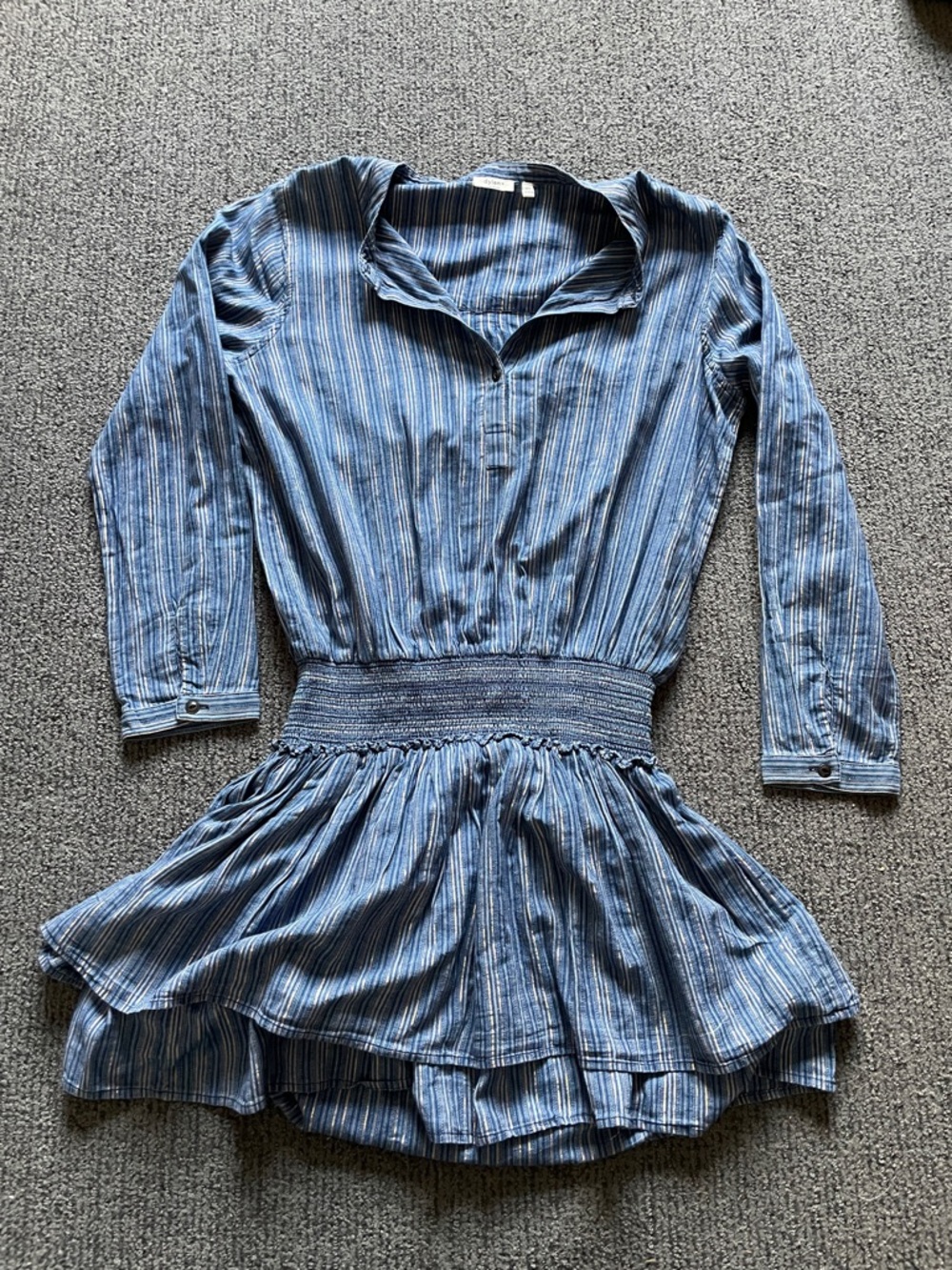 Blue Gold Striped Long Sleeve Smocked Waist Dress